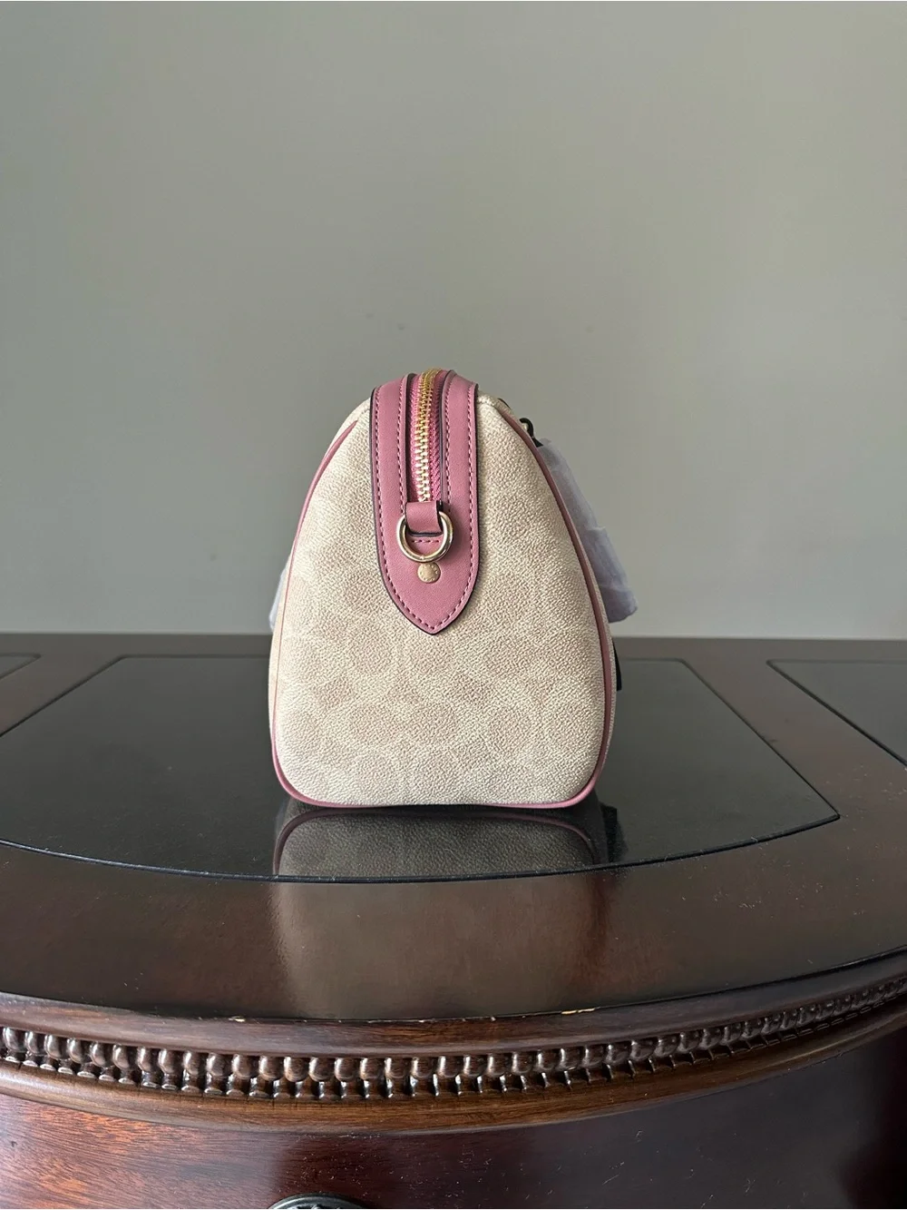 Coach Beige Canvas Satchel with Pink Trim and Heart Charm